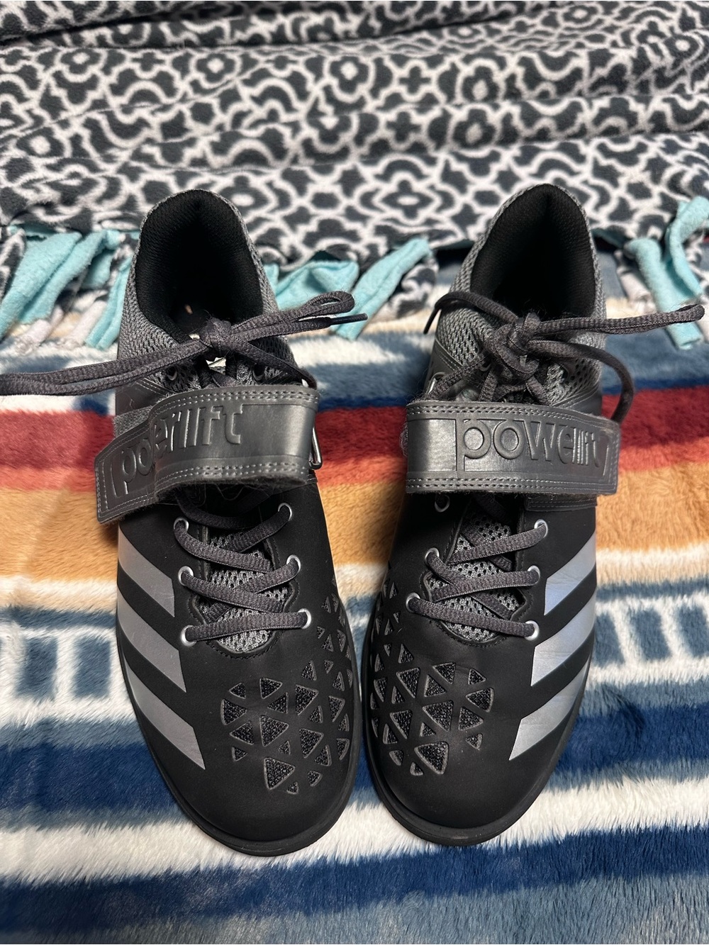Adidas Black Power Lift Shoes with Gray Accents